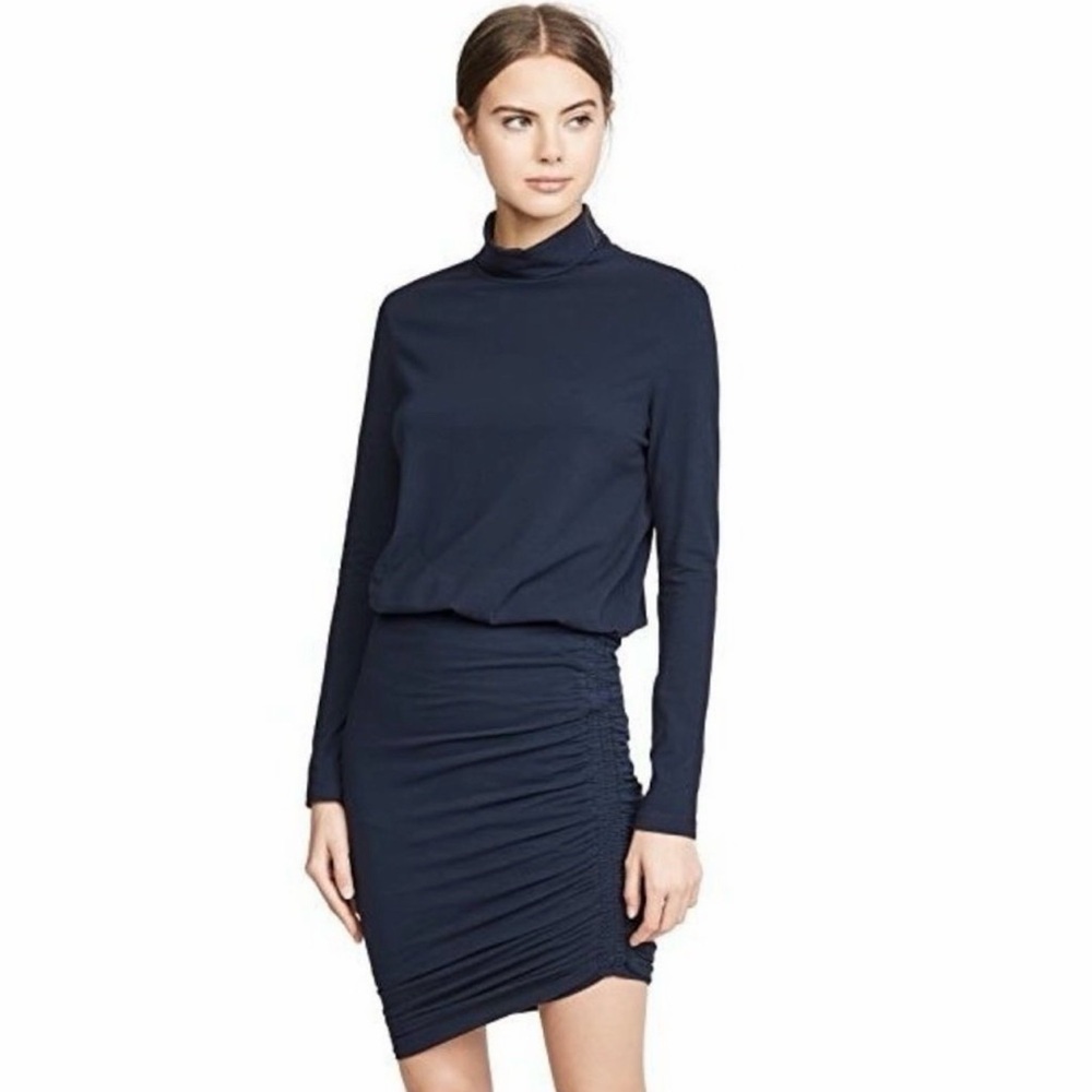 NEW Sundry Turtleneck Ruched Blouson Dress Navy Blue long sleeve NWT XS